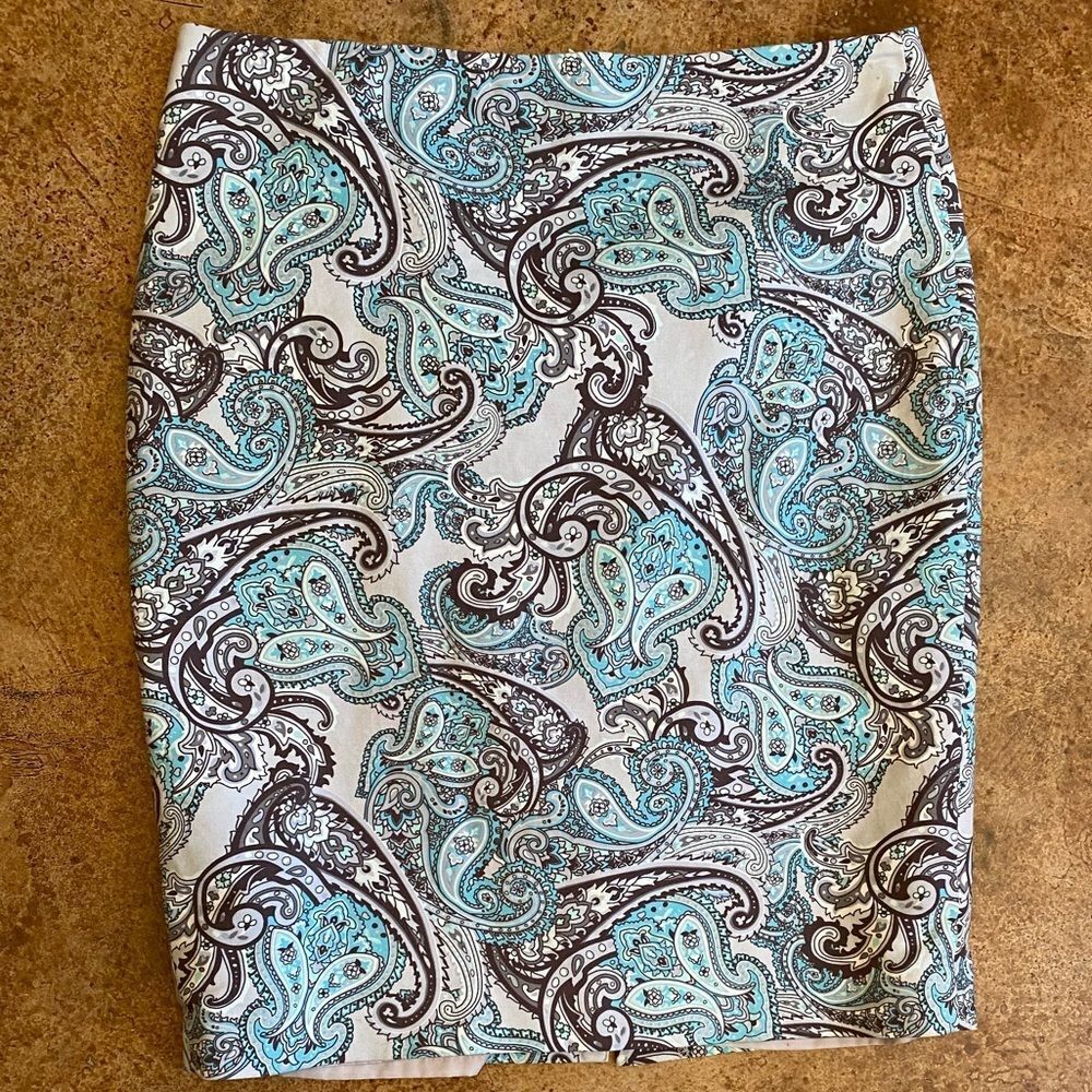 Liz Claiborne academia professor teacher turquoise brown paisley pencil skirt